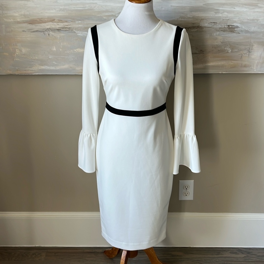 Calvin Klein classy soft white/black dress with ruffle sleeve